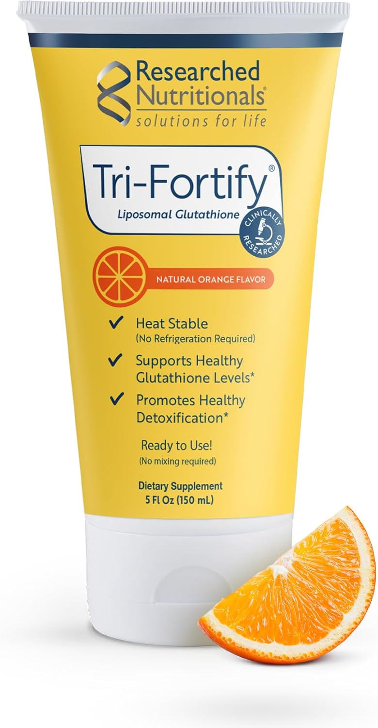 Researched Nutritionals Liposomal Glutathione (450mg) Liquid Gel + Vitamin C - Tri-Fortify - Aid Natural Energy, Immune Support & Detox - Clinically Researched for Absorption - Orange (5 Fl Oz)