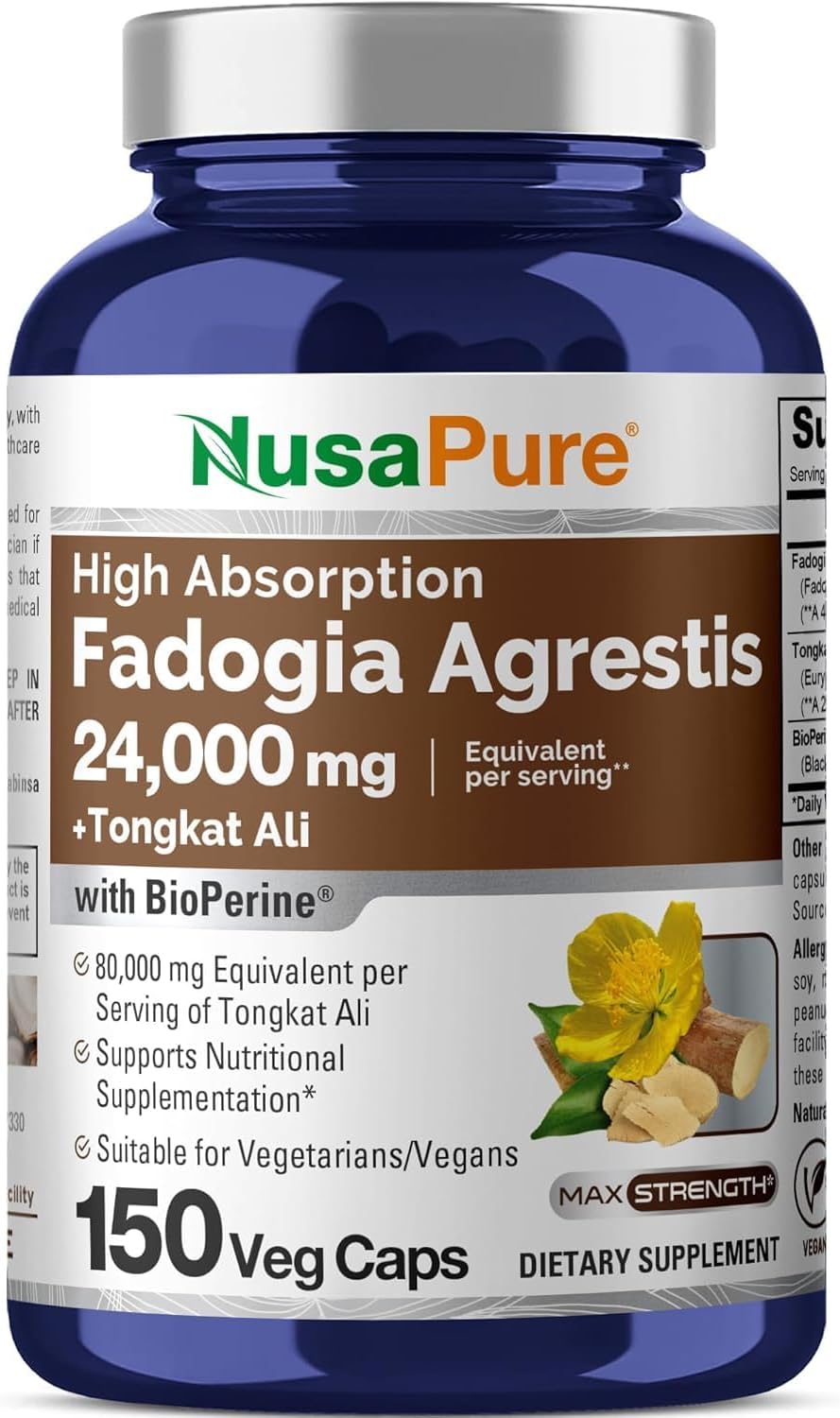 NusaPure Fadogia Agrestis 24,000mg + Tongkat Ali 80,000mg - 150 Veggie Caps - Non-GMO, Made in USA, Serving 2 VCaps, BioPerine