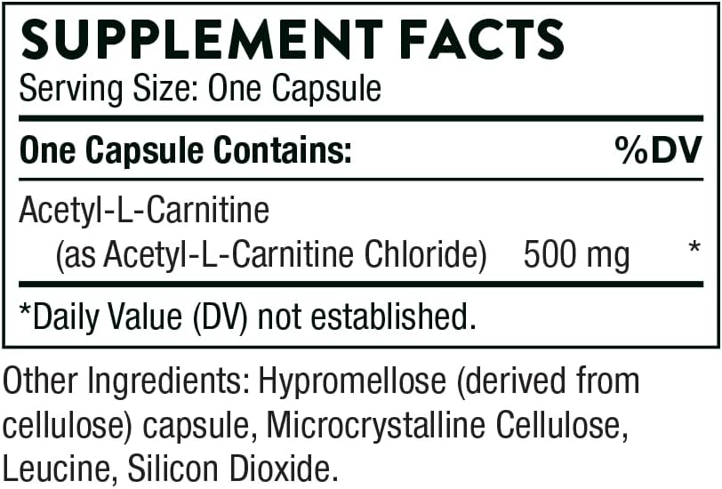 THORNE - Acetyl-L-Carnitine - 500 mg - Supports Brain Function & Healthy Nerve Sensations in The Hands & Feet* - Gluten, Dairy & Soy-Free - 60 Capsules