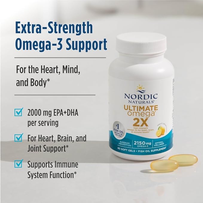 Nordic Naturals Ultimate Omega 2X, Lemon Flavor - 180 Soft Gels - 2150 mg Omega-3 - High-Potency Fish Oil with EPA & DHA - Promotes Brain & Heart Health - Non-GMO - 90 Servings