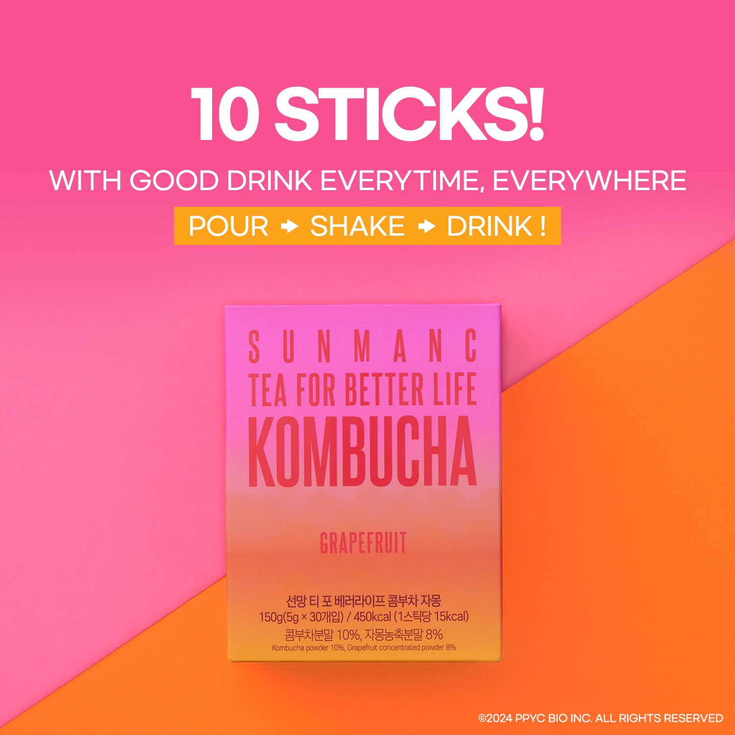 SUNMANC Kombucha 10 packets, Sparkling Probiotic Fermented Drink, Convenient Powdered Drink Mix, Tea Powder, Low Calories, Sugar 0g, Low Caffeine (Grapefruit)