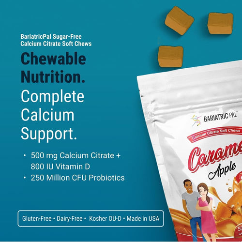 BariatricPal Sugar-Free Calcium Citrate Soft Chews | 500mg with Vitamin D & Probiotics | Caramel Apple | 90 Count (1 Month Supply)