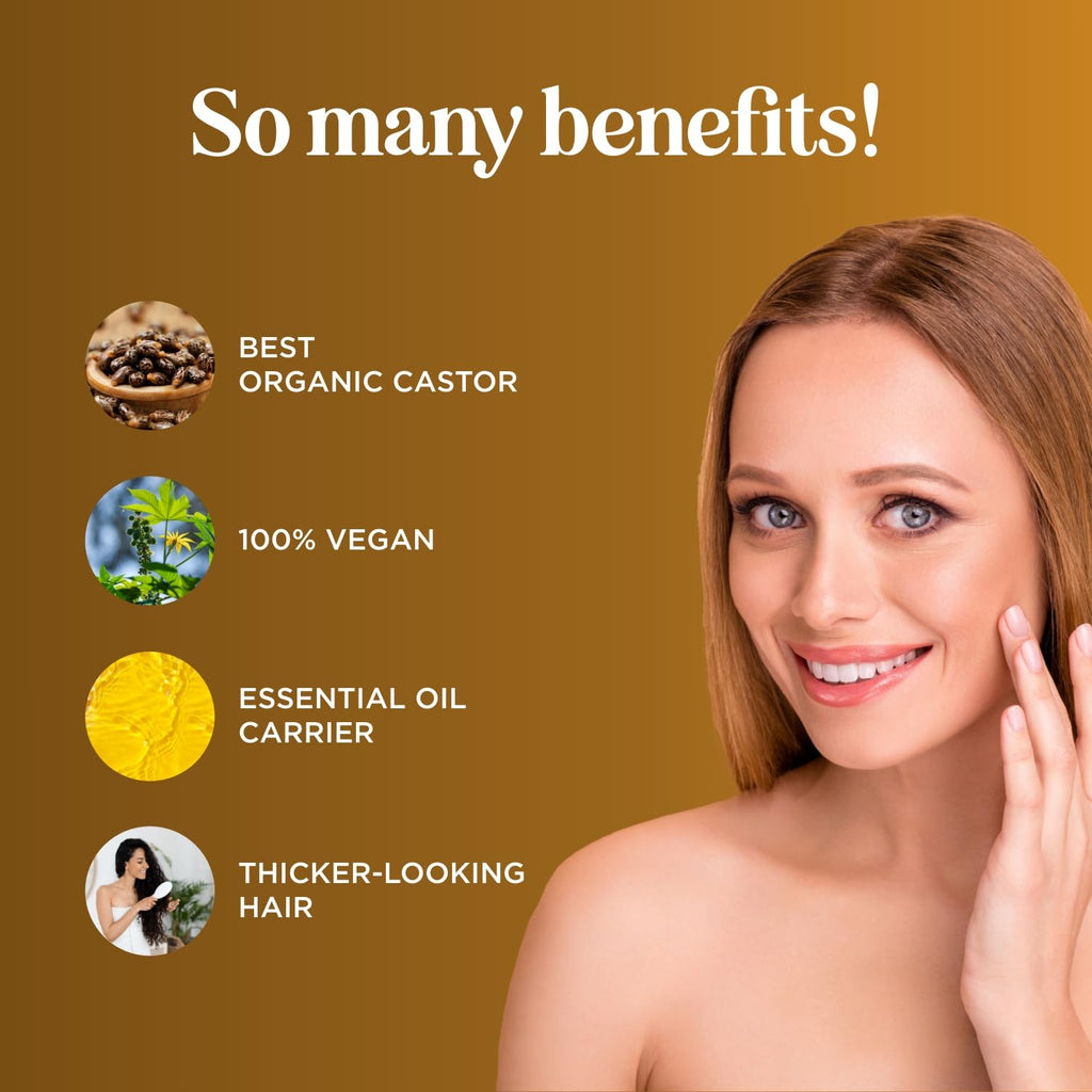 Organic Castor Oil for Hair Skin & Nails - USDA Organic Hexane Free Castor Oil for Skin Face Eyelashes Brows Stomach and Full Body Detox - Extra Virgin Non-GMO Vegan & Cruelty Free (16 Fl Oz)
