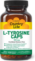 Country Life L-Tyrosine 500mg with Vitamin B6 Supplement - Certified Gluten-Free, Vegetarian, Kosher, Boosts Focus & Energy, Supports Brain Health, Enhances Mental Clarity, Non-GMO - 100 Capsules