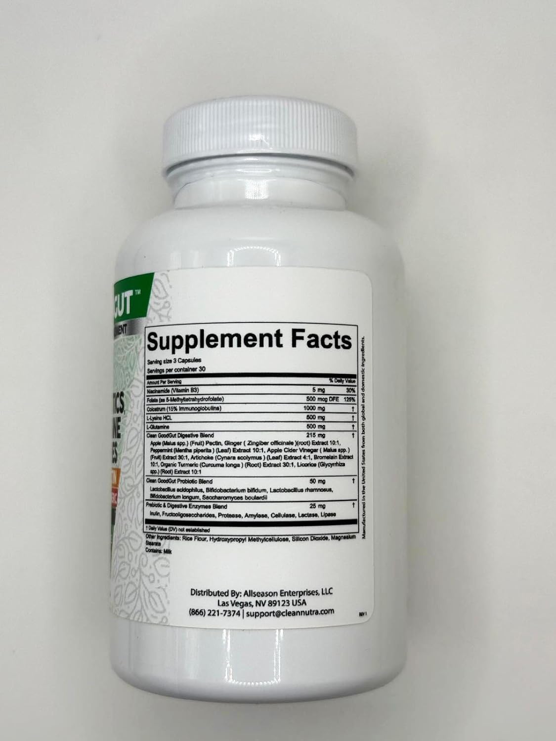 Clean Nutraceuticals Colostrum Supplement Capsules Probiotics Pills Prebiotics, L-Glutamine, Digestive Enzymes, Folate, Fiber, ACV, Turmeric, Apple Pectin and Turmeric Good Gut