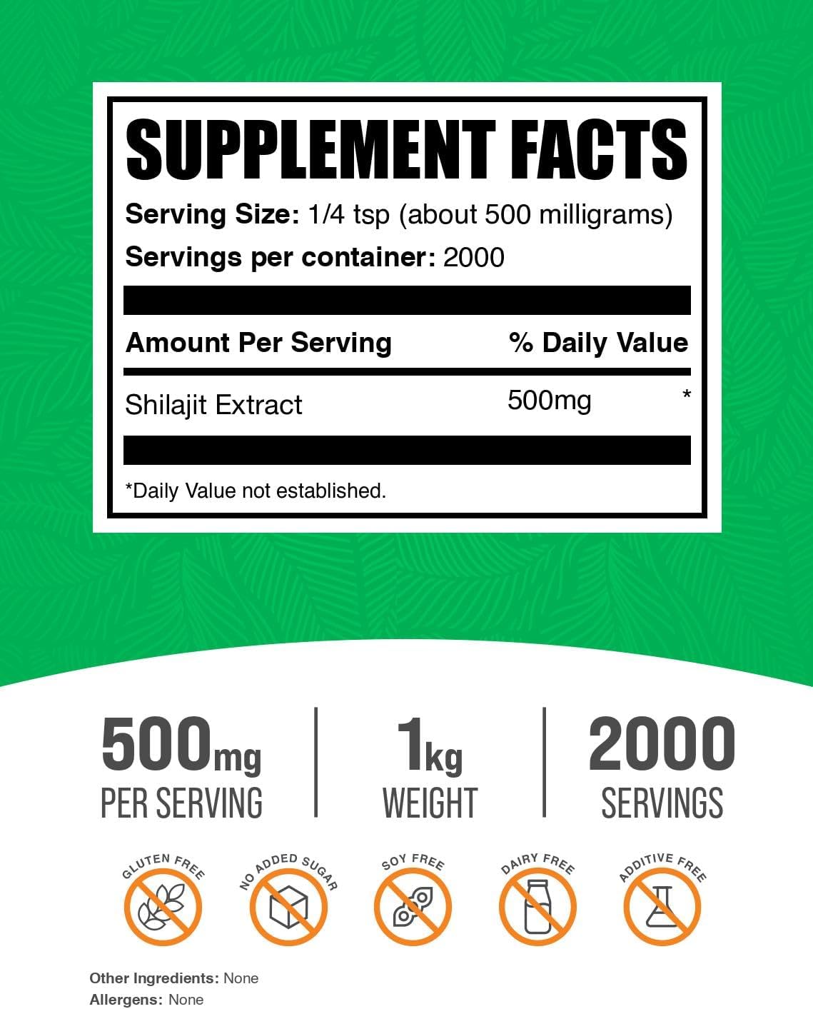 BulkSupplements.com Shilajit Extract Powder - Fulvic Acid Supplement, Shilajit Supplement - Gluten Free, 500mg per Serving of Shilajit Powder, 1kg (2.2 lbs) (Pack of 1)