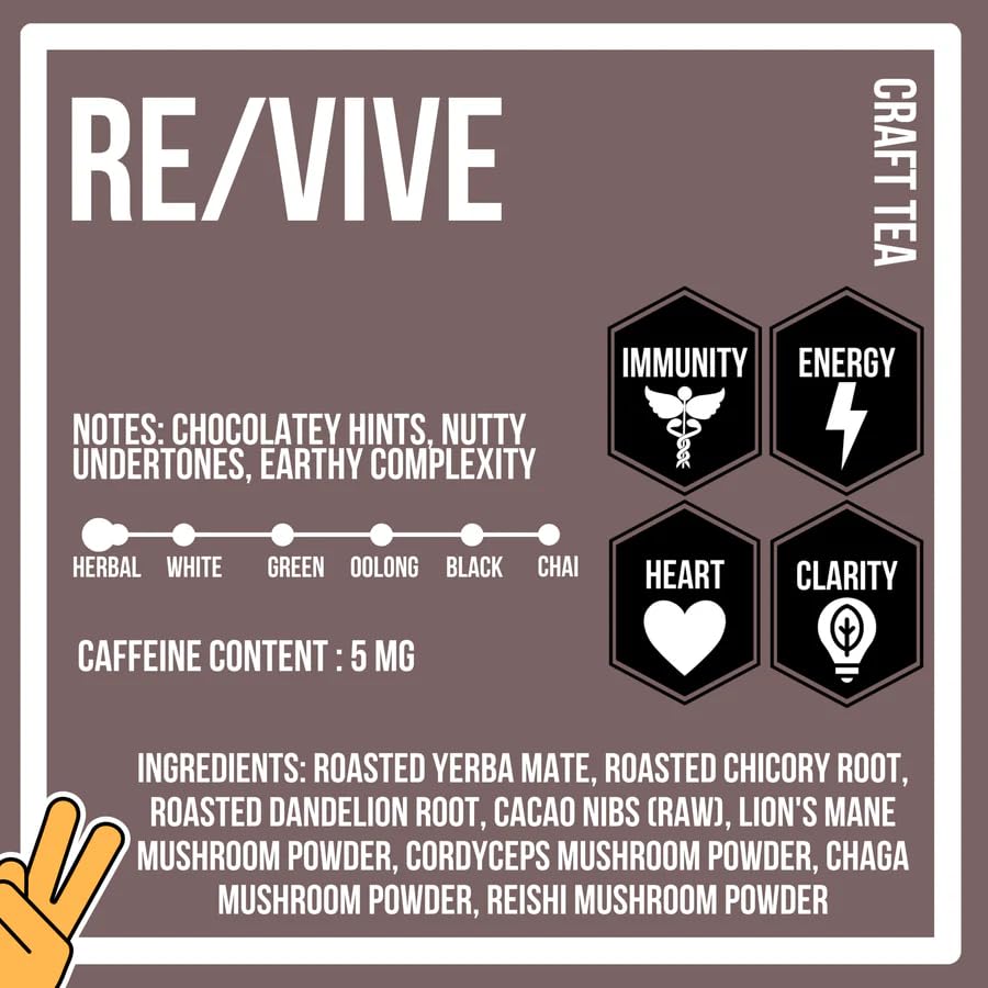 Revival Tea Company RE/VIVE - Mushroom Coffee Alternative - Herbal Tea made from Yerba Mate and Mushroom Powder - Low Caffeine - 3 Ounces
