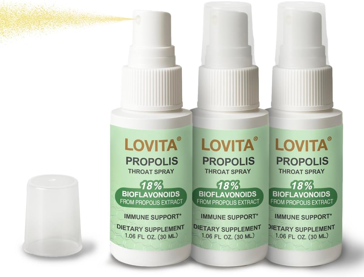 LOVITA Bee Propolis Throat Spray 250mg, Bee Propolis Extract with 18% Bioflavonoids, Alcohol-Free Antioxidant, Immune Support & Sore Throat Relief, Gluten-Free, Non-GMO, 1 Fl Oz, 90 Day Supply