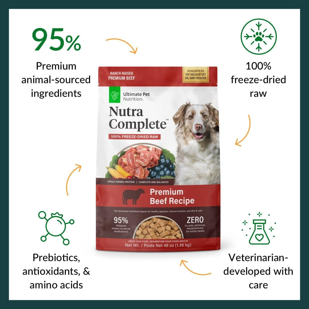 ULTIMATE PET NUTRITION Nutra Complete Freeze Dried Raw Dog Food, Veterinarian Formulated with Antioxidants, Prebiotics & Amino Acids (3 Pound, Beef)