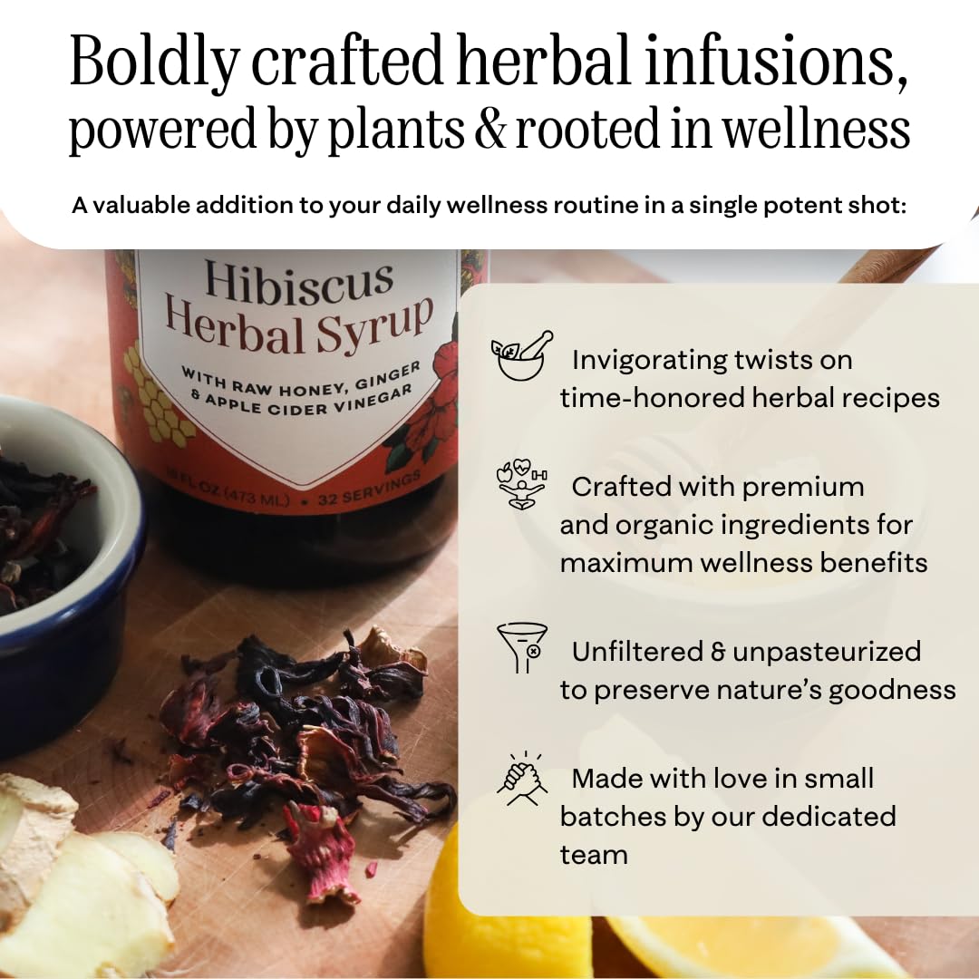 Hany's Harvest Hibiscus Ginger Herbal Syrup – 16 fl oz | All-Natural Wellness Tonic, Apple Cider Vinegar, Ginger, Hibiscus & Lemon | Non-GMO, Gluten-Free, Handcrafted