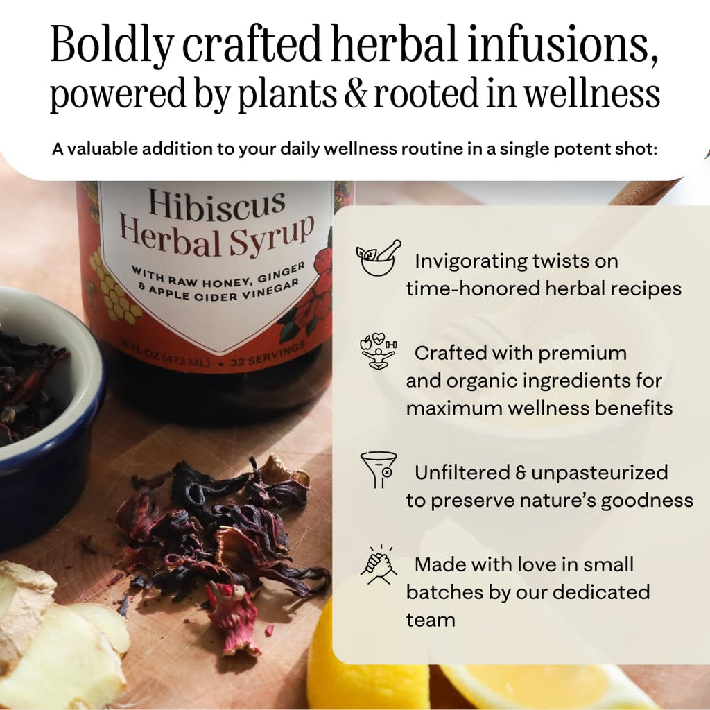 Hany's Harvest Hibiscus Ginger Herbal Syrup – 8 fl oz | All-Natural Wellness Tonic, Apple Cider Vinegar, Ginger, Hibiscus & Lemon | Non-GMO, Gluten-Free, Handcrafted