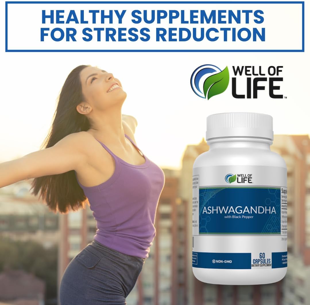 Well of Life: Ashwagandha 650mg + Black Extract 60 Veg Capsules: Enhanced Sleep & Well-Being. Adrenal Health Support. Non-GMO, GMP Certified. Made in USA.