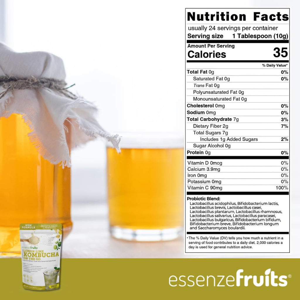 Essenzefruits Lemon Lime Ginger Kombucha Powder Tea Mix Beverage - Sugar Free, Fermented & Dried - Just Add Water! Live Probiotics & Prebiotic Blend, Vitamin C - Makes up to 30 Cups (8 Oz, 226g)