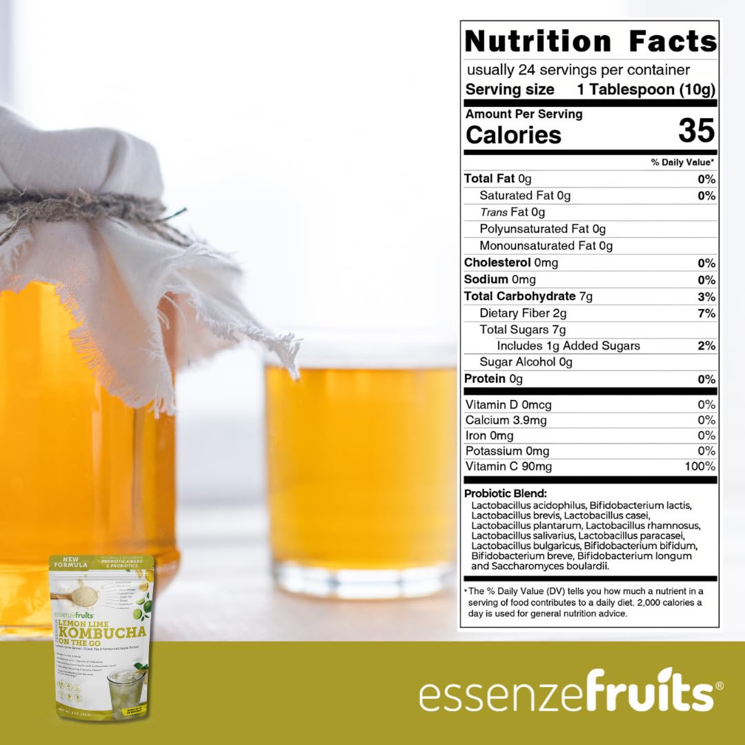 Essenzefruits Lemon Lime Ginger Kombucha Powder Tea Mix Beverage - Sugar Free, Fermented & Dried - Just Add Water! Live Probiotics & Prebiotic Blend, Vitamin C - Makes up to 30 Cups (8 Oz, 226g)