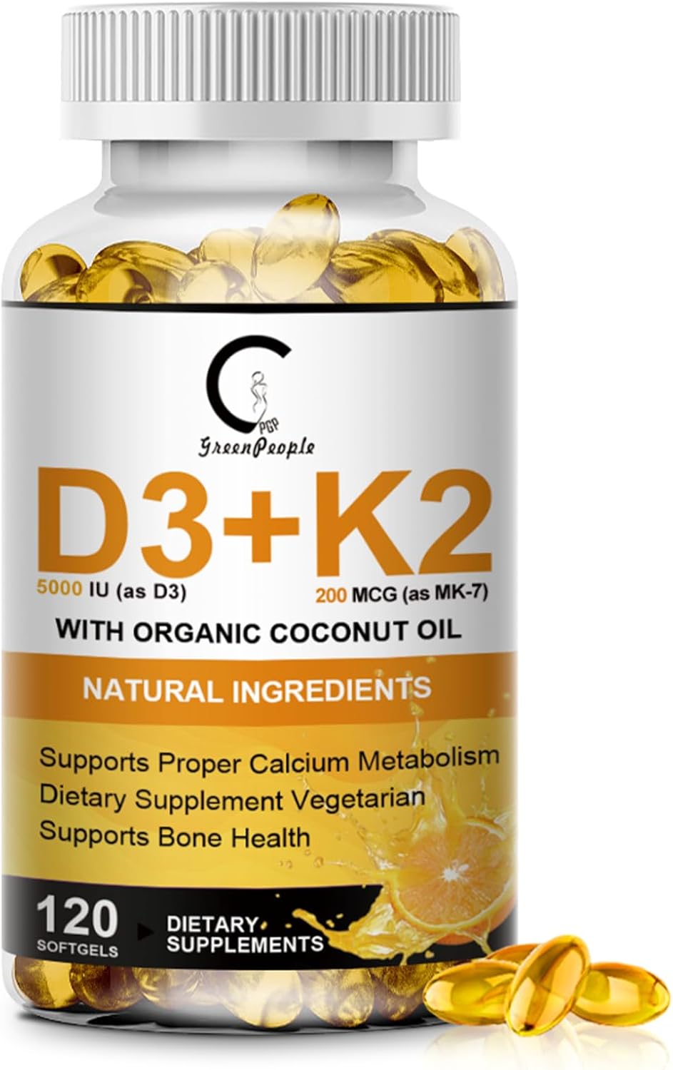 Vitamin D3 K2 Supplement with Vitamin D3 5000 IU, 200 mcg Vitamin K2 MK-7 & Natural Coconut Oil, Plant Based 2-1 Formula for Bone, Teeth, Muscle and Immune Health Support,120 Softgel Capsules