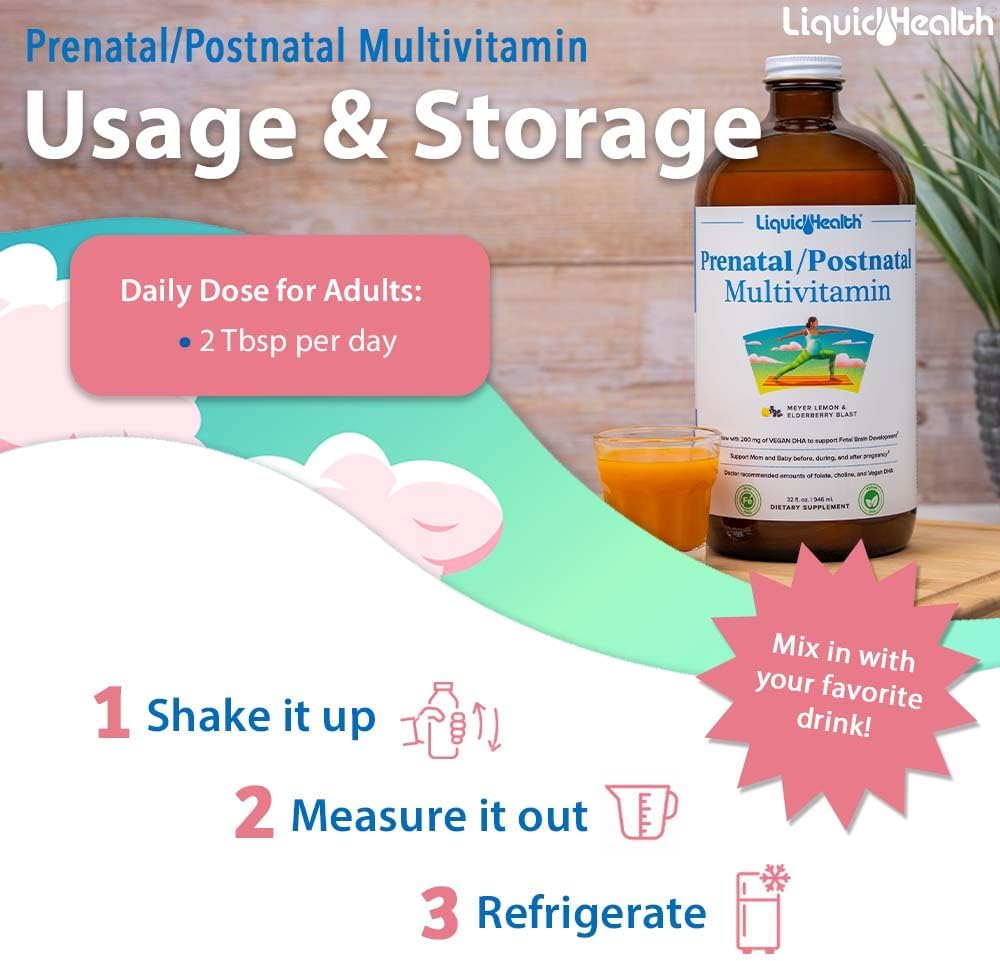 LIQUIDHEALTH Prenatal/Postnatal Multiple Liquid Women's Multivitamin with Real Folate - Pre & Postnatal Vitamins for Before, During, After Pregnancy - Made in USA, Vegan, Sugar-Free, Non-GMO (2 Pack)