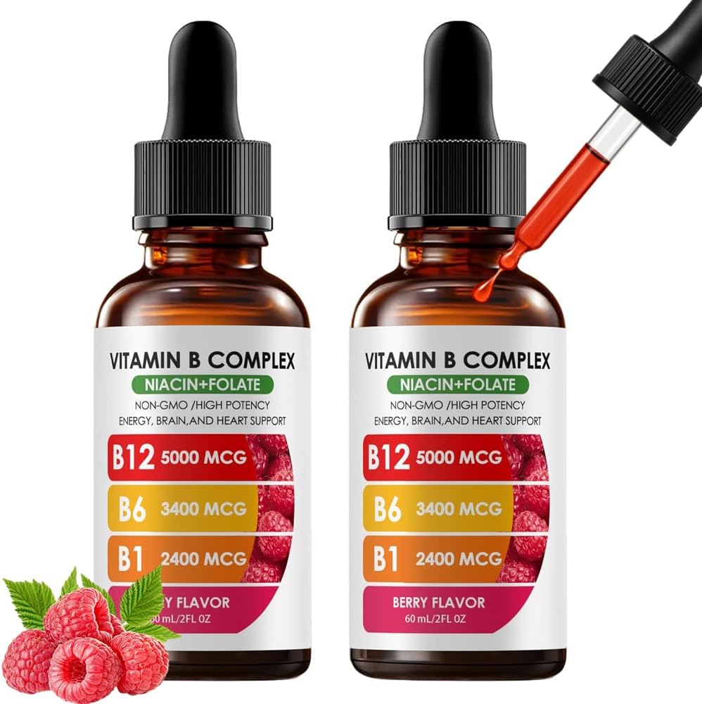 Vitamin B Complex | B12 B6 B1 B3 B9, Essential Vitamin Liquid Drops for Immune & Energy Metabolism, Brain & Heart Support, Raspberry Flavor 2fl oz