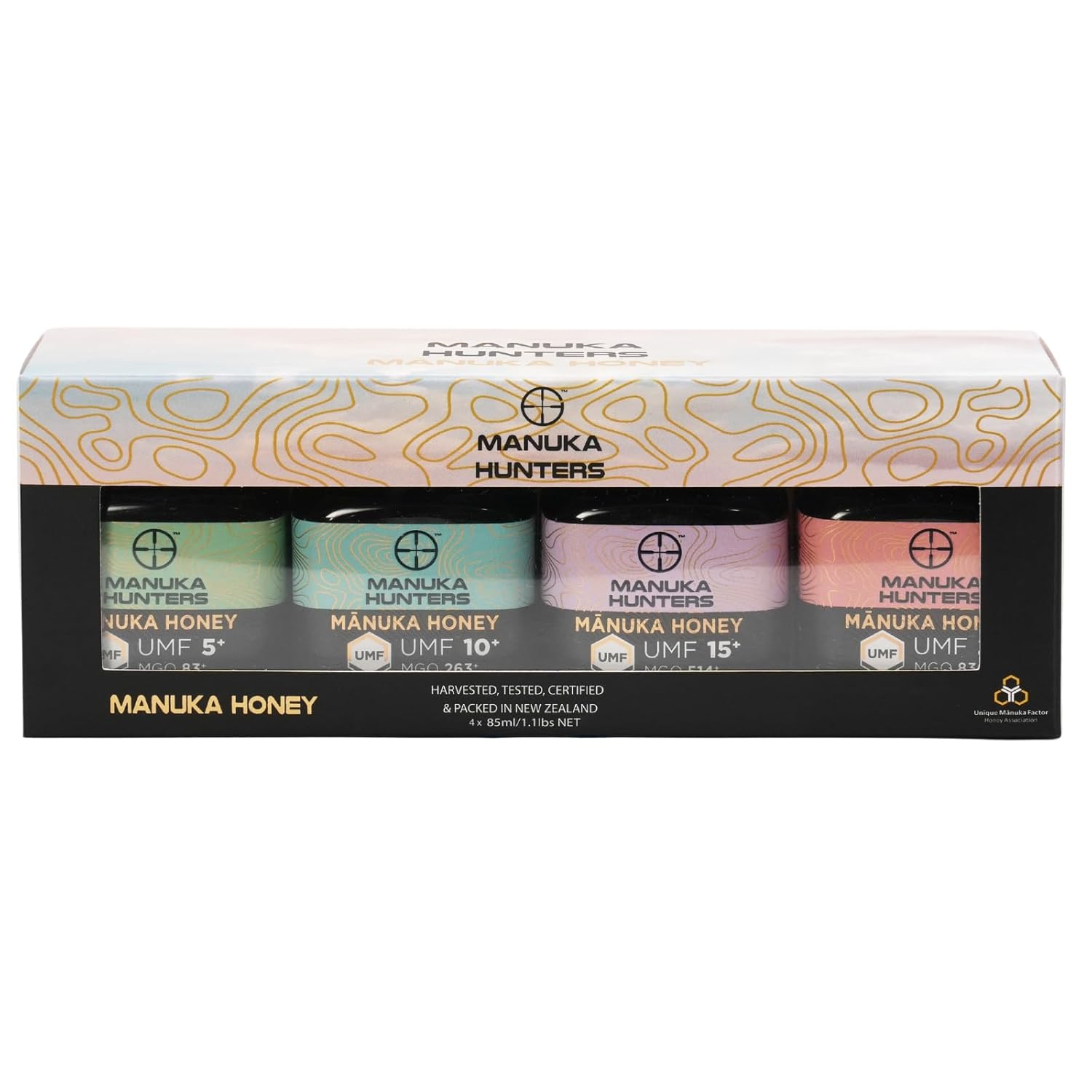 Manuka Hunters Raw New Zealand Honey Gift Set 4-Pack Honey Sampler with UMF 5+,10+,15+,20+ (125g = 85ml Each) – 100% Pure Natural Sweetener - Ideal for Tea, Coffee, Smoothies, Baking - Sustainable