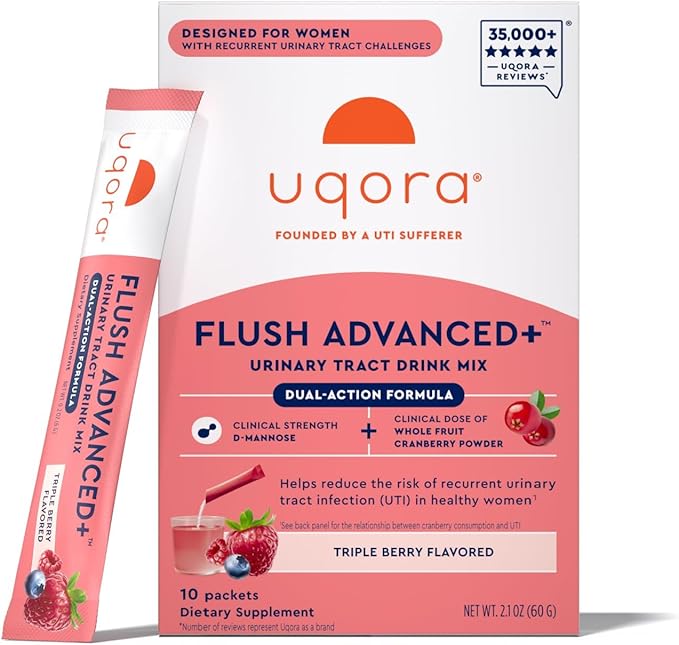 Uqora Flush Advanced+ - Helps Reduce Risk of Recurrent UTI** - with Cranberry, D-Mannose, Vitamin C, Vitamin B6 & Potassium - Gluten-Free & Vegan - Triple Berry Flavor - 10 Packets (1 Pack)