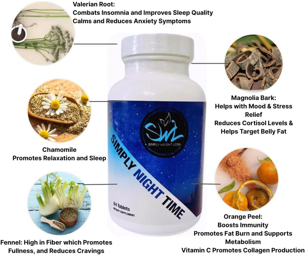 Simply Night Time | Weight Loss Support | Better Sleep | Mood Enhancer and Stress Relief | Botanical Blend - Valerian Root, Cascara Sagrada, Magnolia Bark, Chamomile | 84 Count