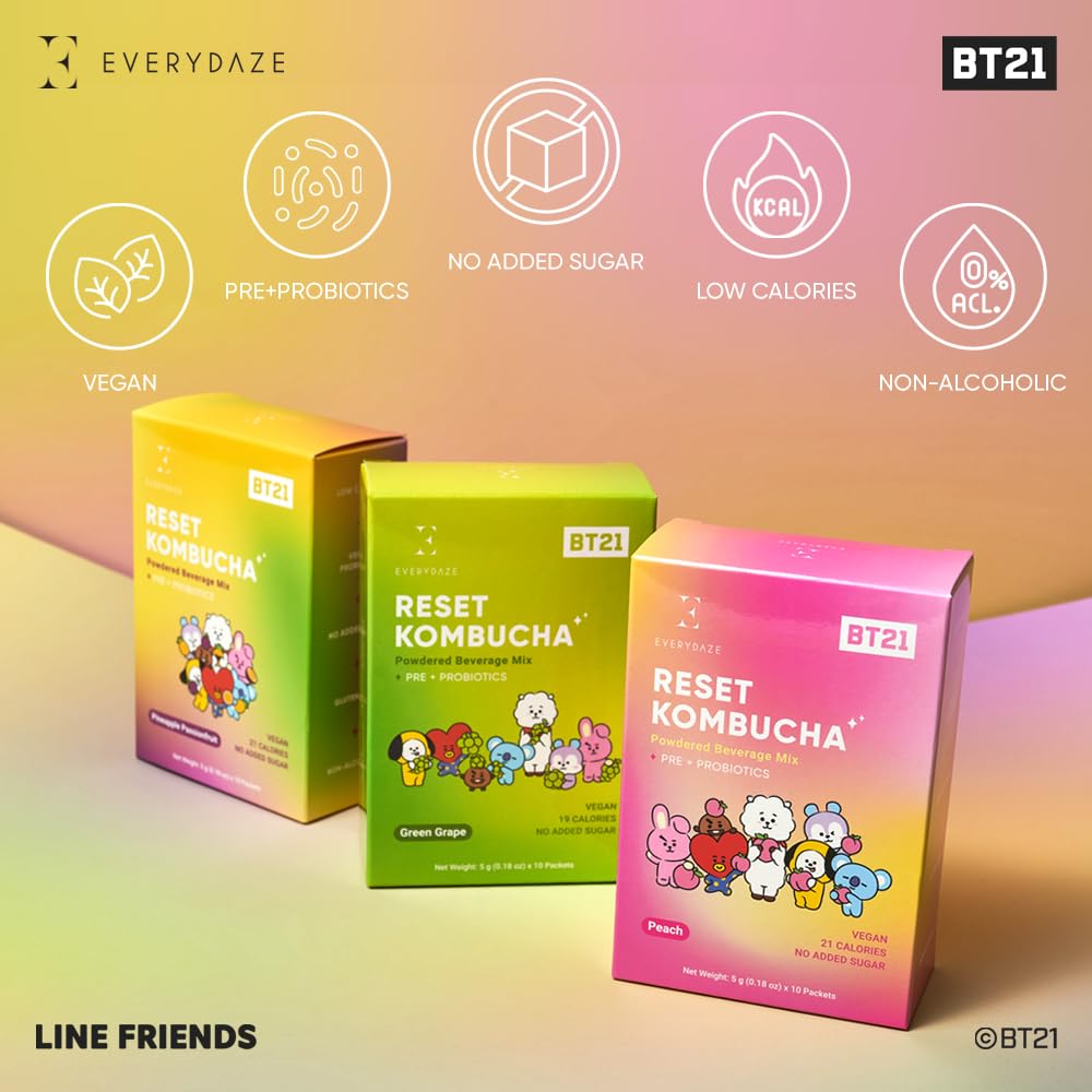 EVERYDAZE BT21 Reset Kombucha Tea Powdered Beverage Mix | 30 Variety Pack | Pineapple Passion Fruit, Peach, Green Grape | Vegan | Prebiotics + Probiotics | No Added Sugar, Low Calorie, Gluten-Free
