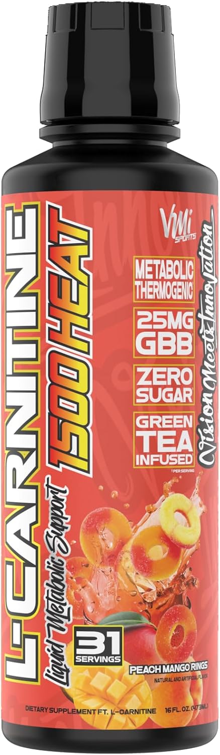 VMI Sports L-Carnitine 1500 Heat Stimulant Free Thermogenic Metabolic Support & Fat Loss for Men & Women | 1500mg L-Carnitine | Convenient Liquid (Peach Mango)