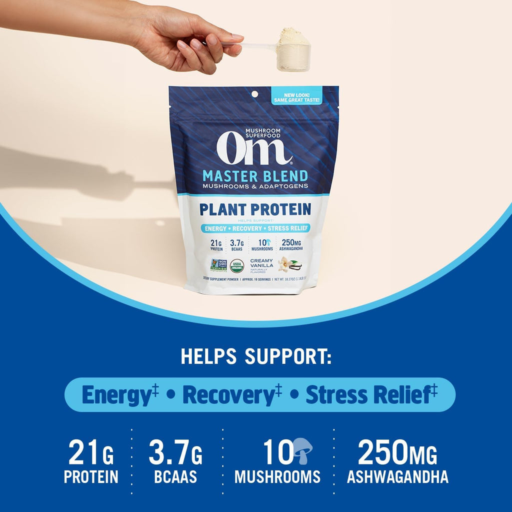 OM MUSHROOM SUPERFOOD Master Blend Plant-Based Protein Powder, 16 Servings, Creamy Vanilla with 10 Mushroom Blend & Adaptogens for Recovery, GLP-1 Support
