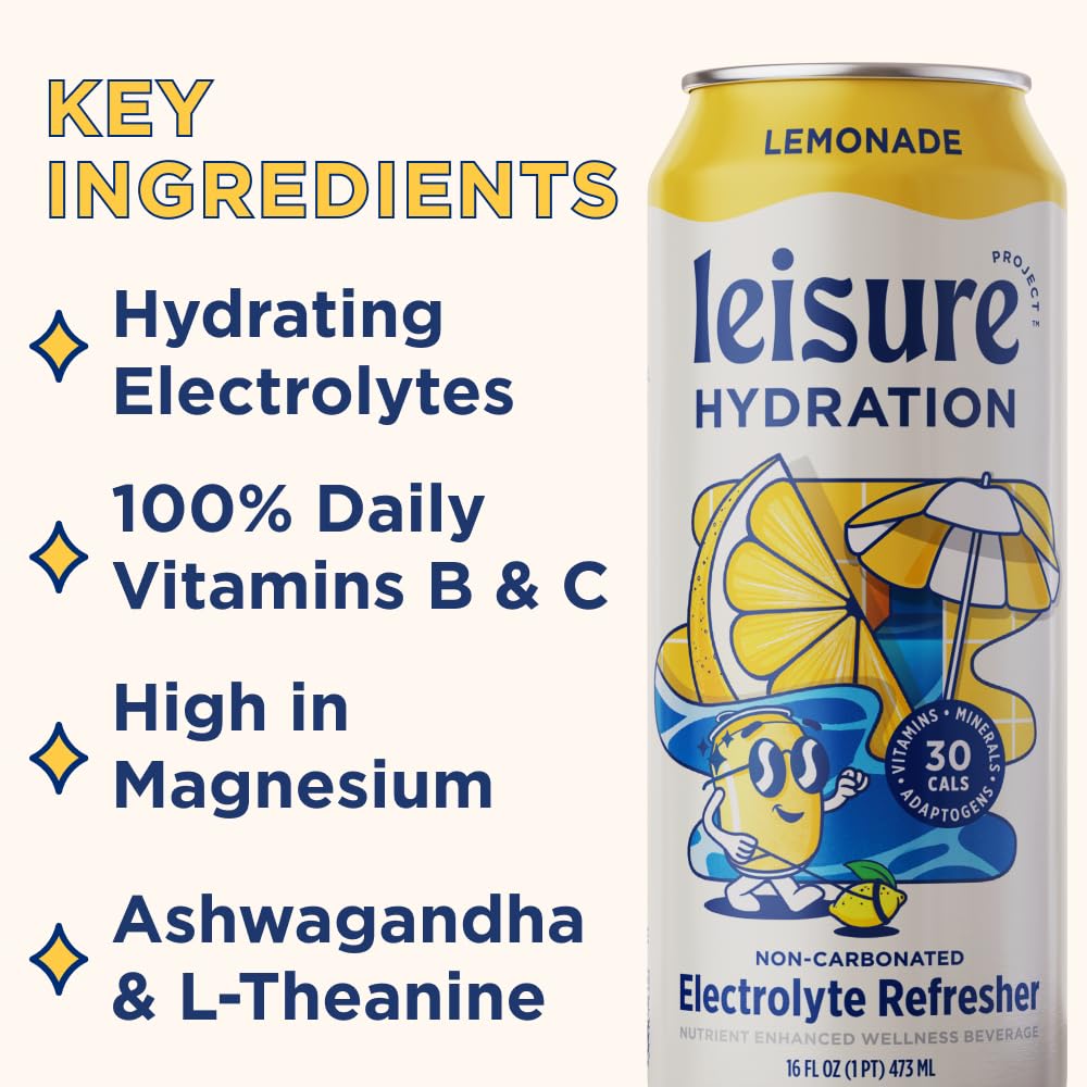 Leisure Hydration Non-Carbonated Electrolyte Refresher, Lemonade Flavor - Low Sugar Nutrient Enhanced Water Beverage - Get The Best Hydration Packed w/ Magnesium & Ashwagandha For Mood & Stress Support, Non-GMO, 16 oz (12-Cans)