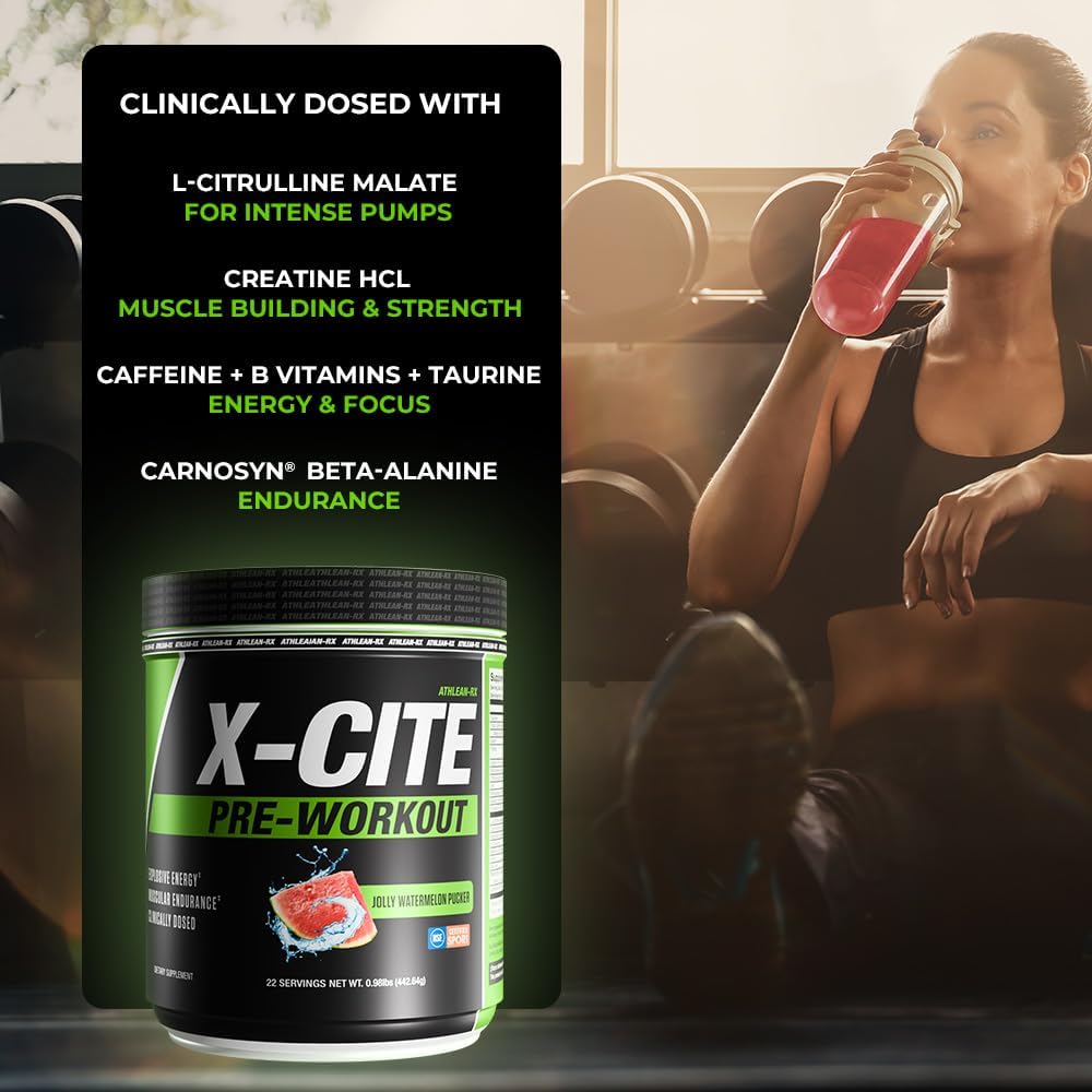 ATHLEAN-X X-CITE Pre-Workout Supplement - Boost Energy, Endurance, and Focus with Natural Ingredients - Jolly Watermelon Pucker