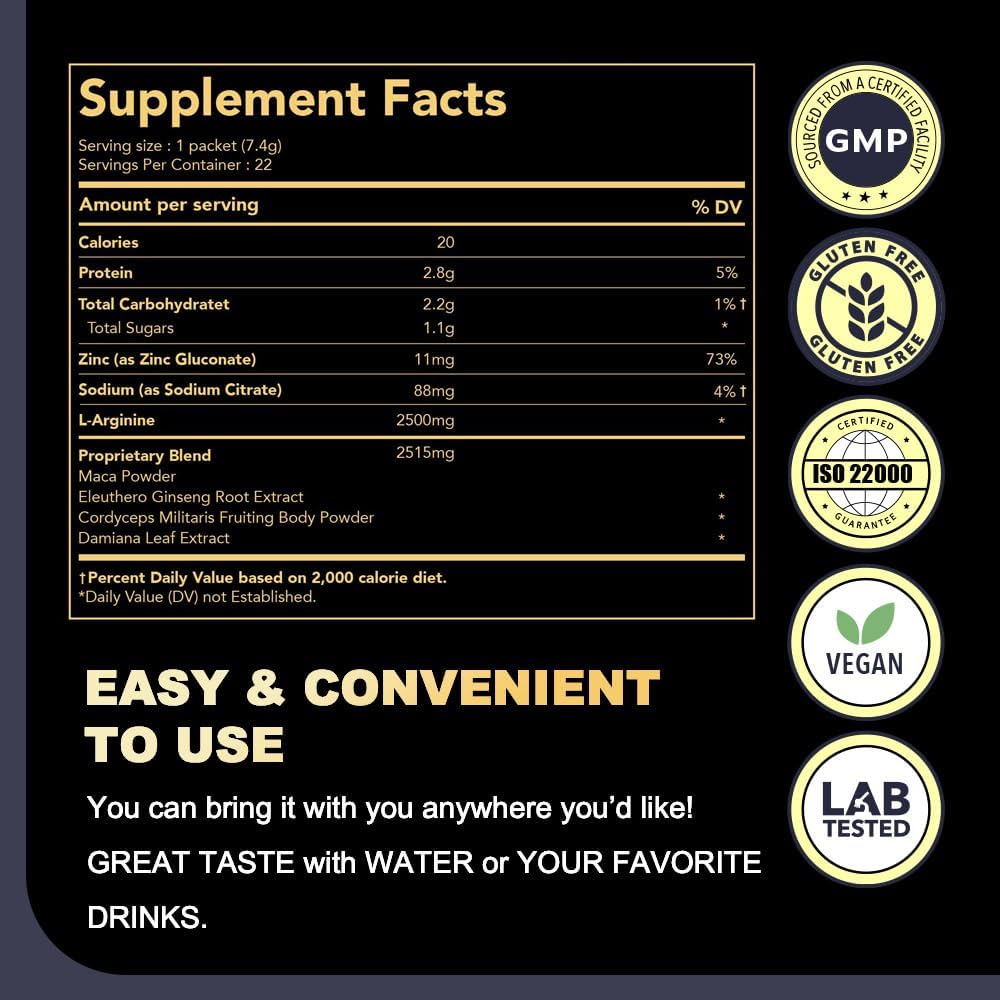 DAIKEN Peruvian Maca Root Powder Extra Strength 15,000 mg, Gelatinized Black, Red, Yellow Maca Blend with L-Arginine (2,500 mg) for Men and Women, Superior Absorption, Vegan, Lab Tested - 22 Packets