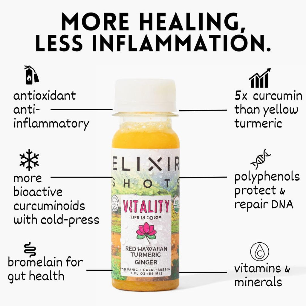 Elixir Shots, Vitality Immunity Wellness Shot with 100% Organic Ingredients, Cold-Pressed Red Hawaiian Turmeric, Peruvian Ginger, Pineapple and Black Pepper, No Sugar or Artificial Additives, 12 Pack