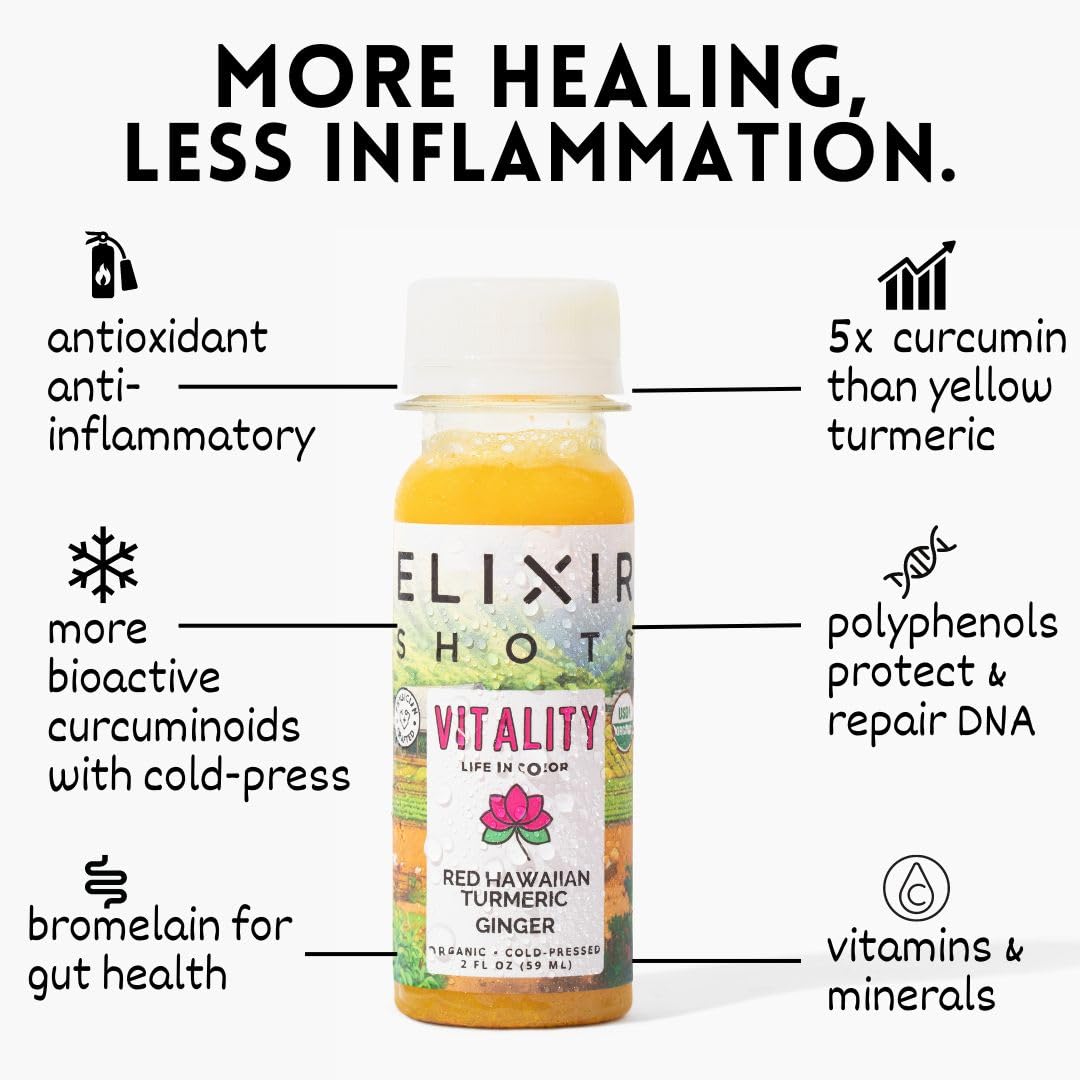 Elixir Shots, Vitality Immunity Wellness Shot with 100% Organic Ingredients, Cold-Pressed Red Hawaiian Turmeric, Peruvian Ginger, Pineapple and Black Pepper, No Sugar or Artificial Additives, 12 Pack
