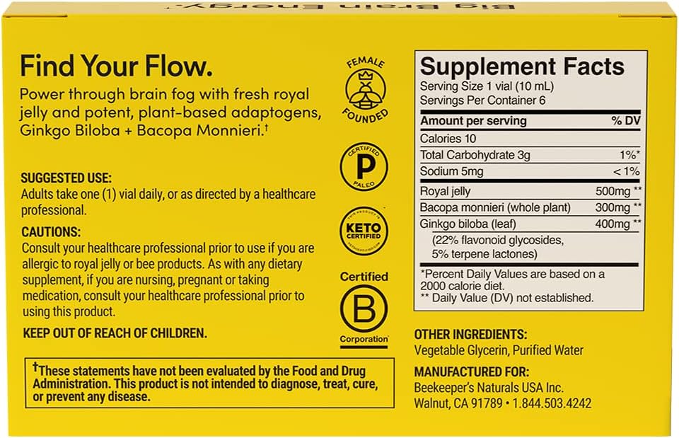 BEEKEEPER'S NATURALS B.LXR Brain Fuel - Memory, Focus and Clarity Liquid Formula, Supports Productivity Royal Jelly, Ginkgo Biloba, Bacopa Monnieri Keto Friendly, Gluten & Caffeine-Free, (6 ct)