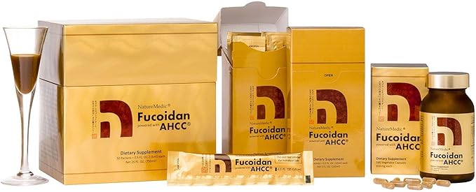 Fucoidan Powered with AHCC® Brown Seaweed Immunity Supplement with High Purity Organic Mekabu Mozuku Agaricus 1 Bottle - 160 Vegetable Capsules Made in Japan