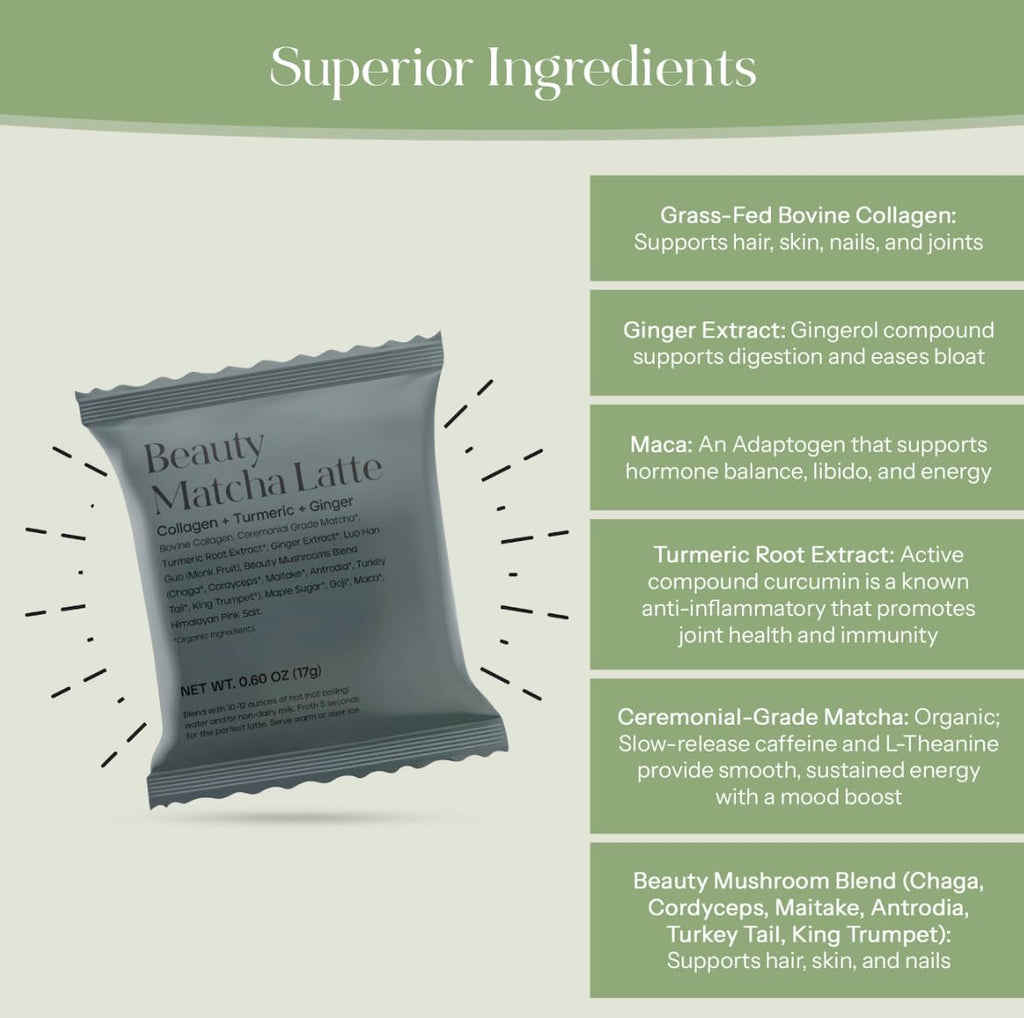 Kroma’s Beauty Matcha Latte Powder 0.60 Oz, 17g, 7 Servings – Collagen Ceremonial Grade Matcha Green Tea with Protein for Glowing Skin & Hair Support w/ Bovine Collagen, Ginger & Turmeric - Premium Matcha Powder w/ Adaptogenic Mushrooms