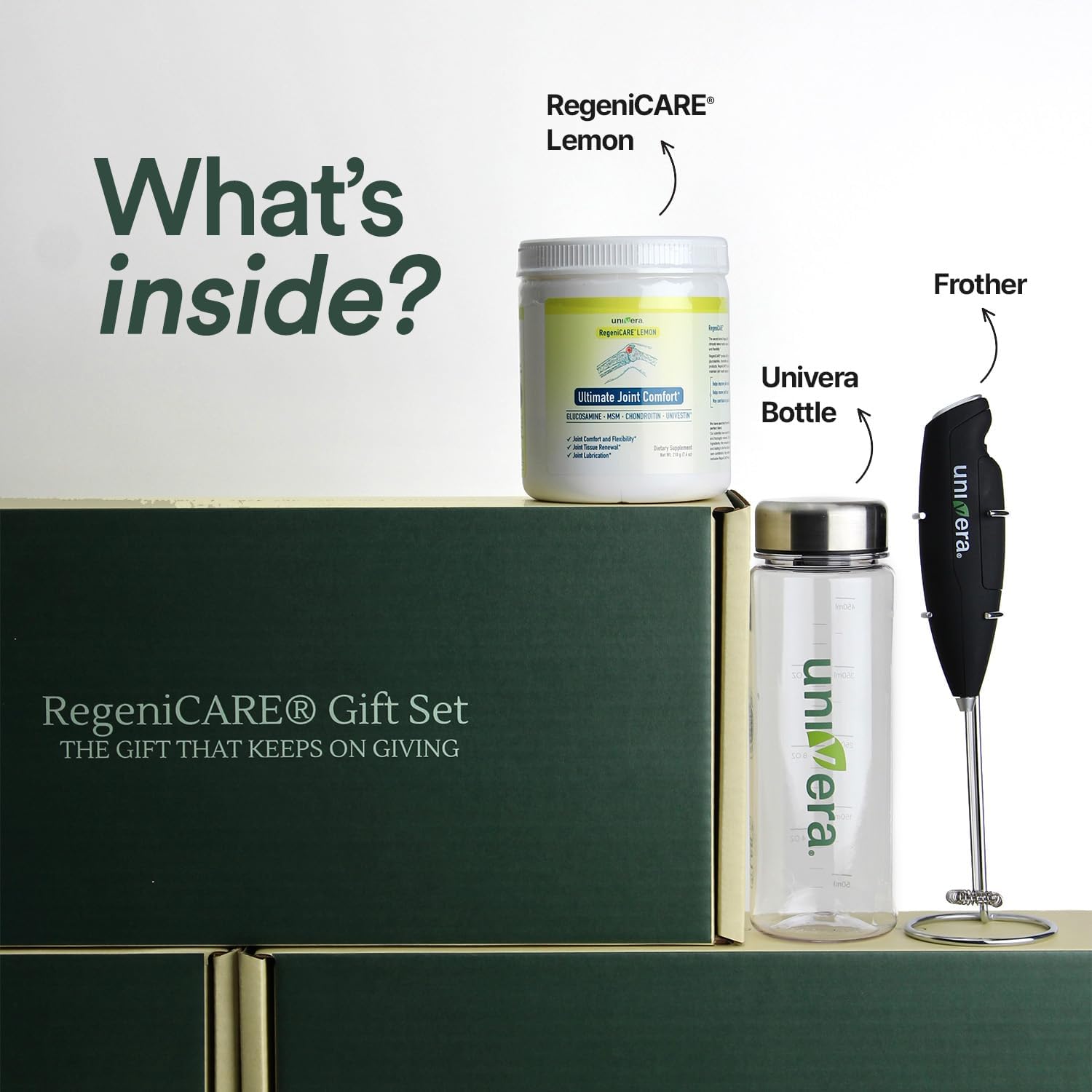 Univera RegeniCARE Gift Set with Bottle and Frother – Joint Support with Glucosamine, Univestin, MSM, Chondroitin – 30 Servings, Lemon