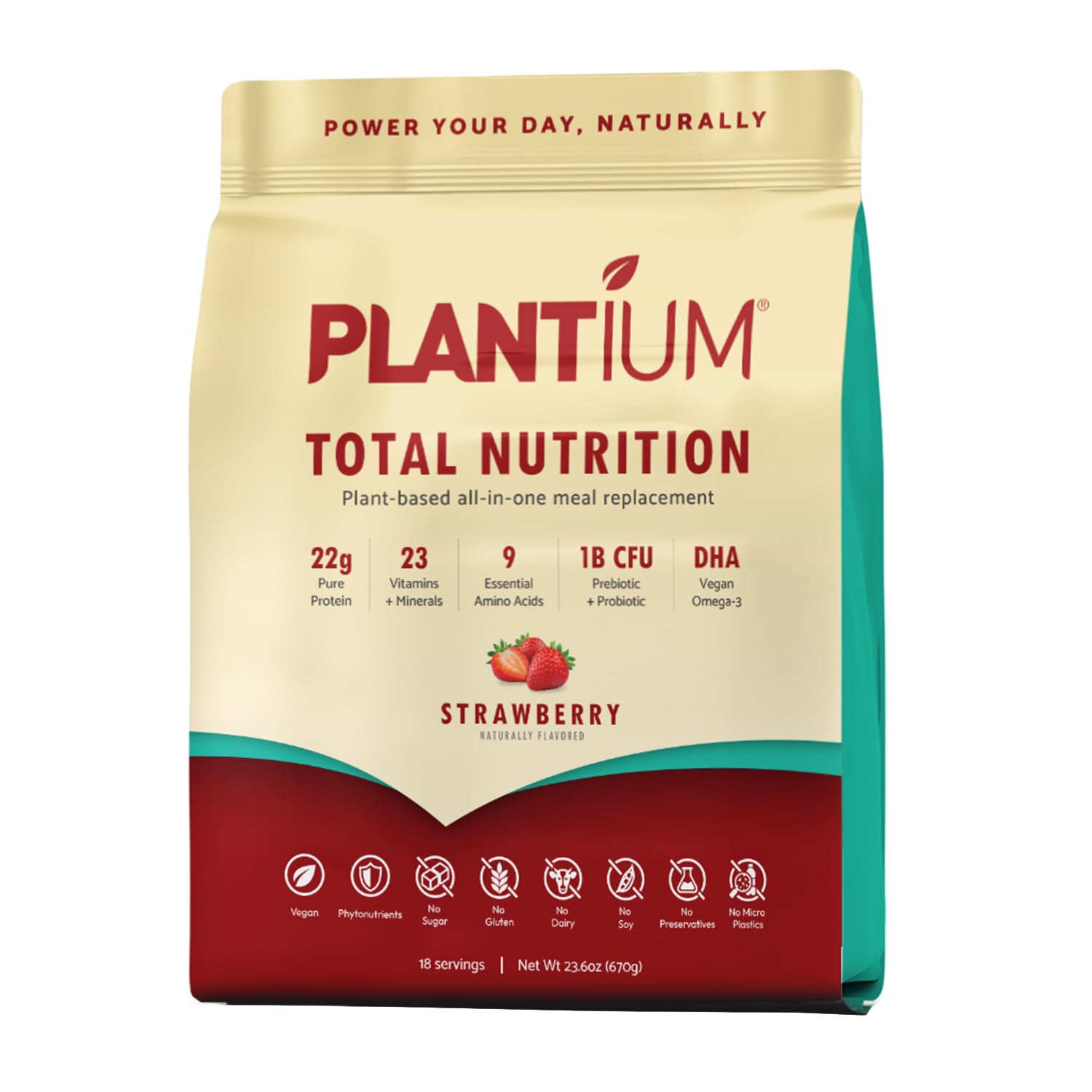 Plantium Total Nutrition, Premium All-in-One Meal Replacement Shake, Plant-Based Protein Powder with Vitamins, Minerals & Probiotics, 22g Protein per Serving, Strawberry