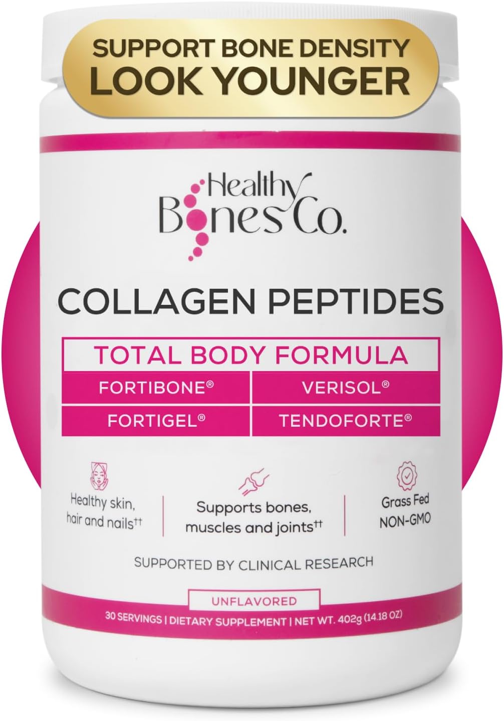 FORTIBONE Premium Bone Health Collagen Peptides w/FORTIGEL, VERISOL & TENDOFORTE, Clinically-Supported for Bones Joints Skin Hair Nails, Hydrolyzed Collagen Complete, Anti-Aging Formula (30 Servings)