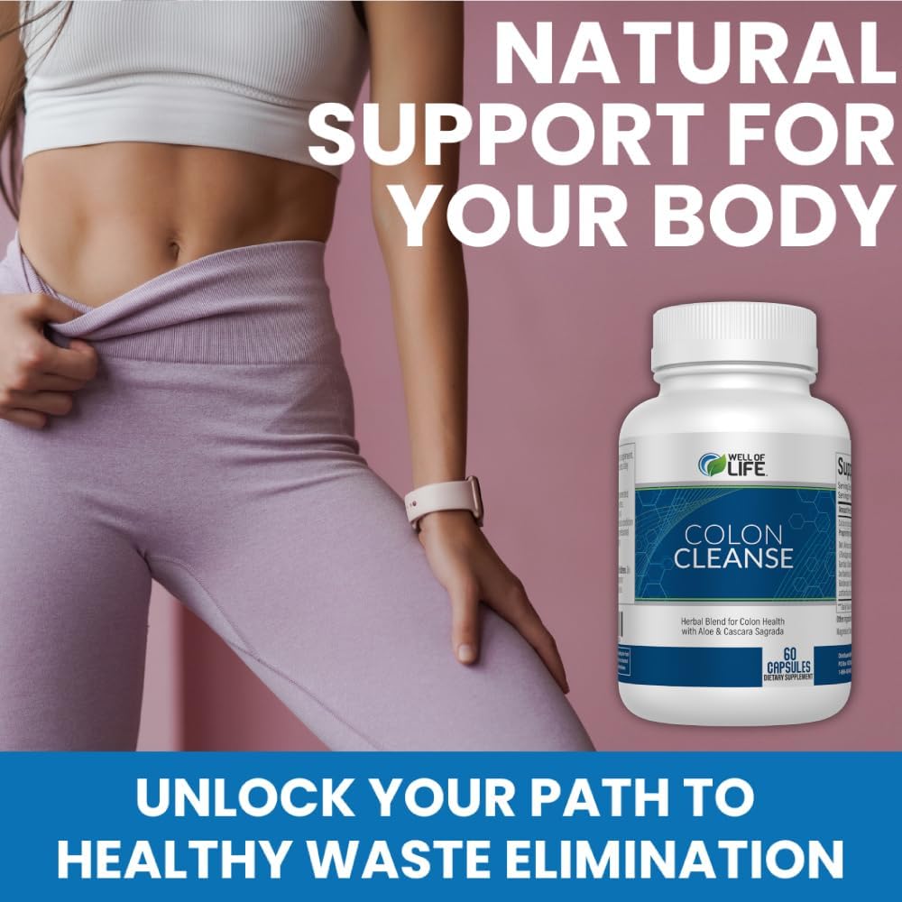 Well of Life: Colon Cleanse: Aloe Vera, Cascara Sagrada, Rhubarb Root, Bentonite. Helps in Digestion, Helps Relieves Constipation. 700mg | 60 Vegetarian Capsules. Vegan, Non-GMO. USA-Made.