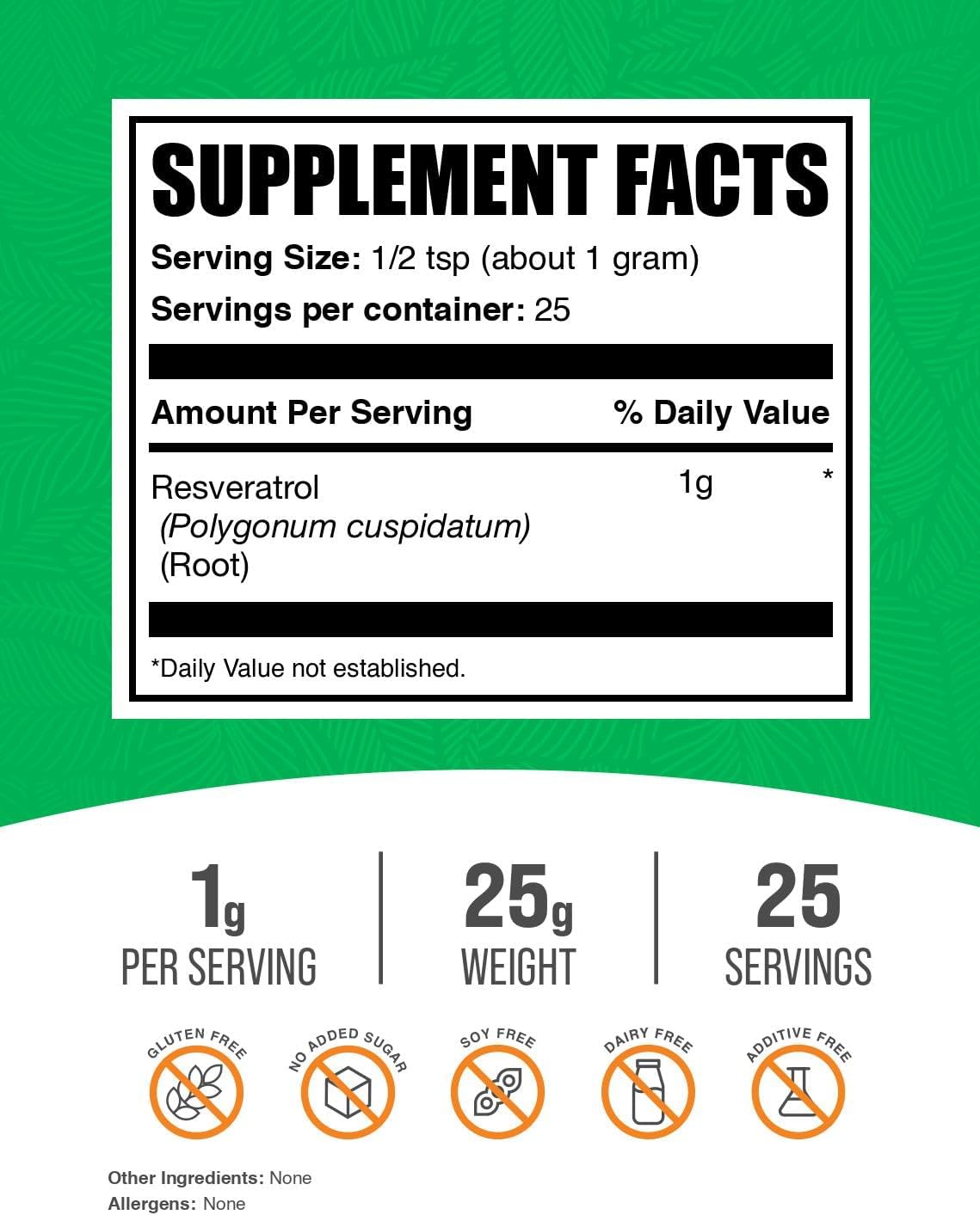 BulkSupplements.com Resveratrol Powder - Resveratrol Supplement, from Polygonum Cuspidatum - Antioxidant, Gluten Free, 1g per Serving, 25g (0.88 oz) (Pack of 1)