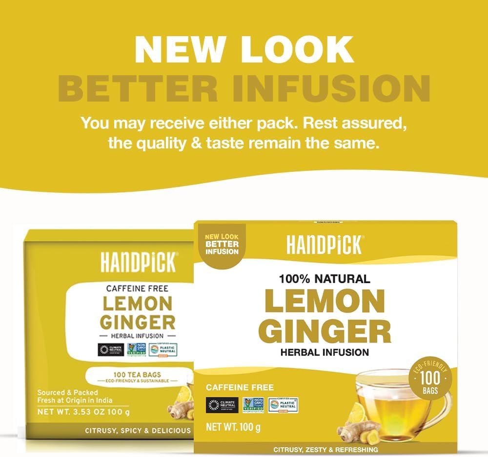 HANDPICK, Lemon Ginger Herbal Tea - 100 Pyramid Tea Bags | 100% Natural Ingredients, Tasty & Citrusy Hand-made Blend of Lemon & Ginger | Caffeine Free, Gluten Free | No Artificial Ingredients