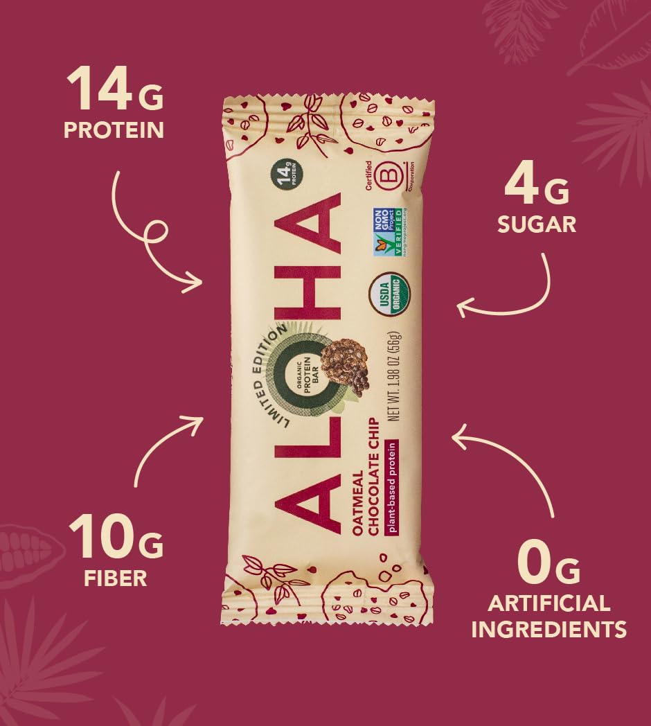 ALOHA Organic Plant Based Protein Bars - Oatmeal Chocolate Chip - 12 Count, 1.9oz Bars - Vegan Snacks, Low Sugar, Gluten-Free, Low Carb, Paleo, Non-GMO, Stevia-Free, No Sugar Alcohols