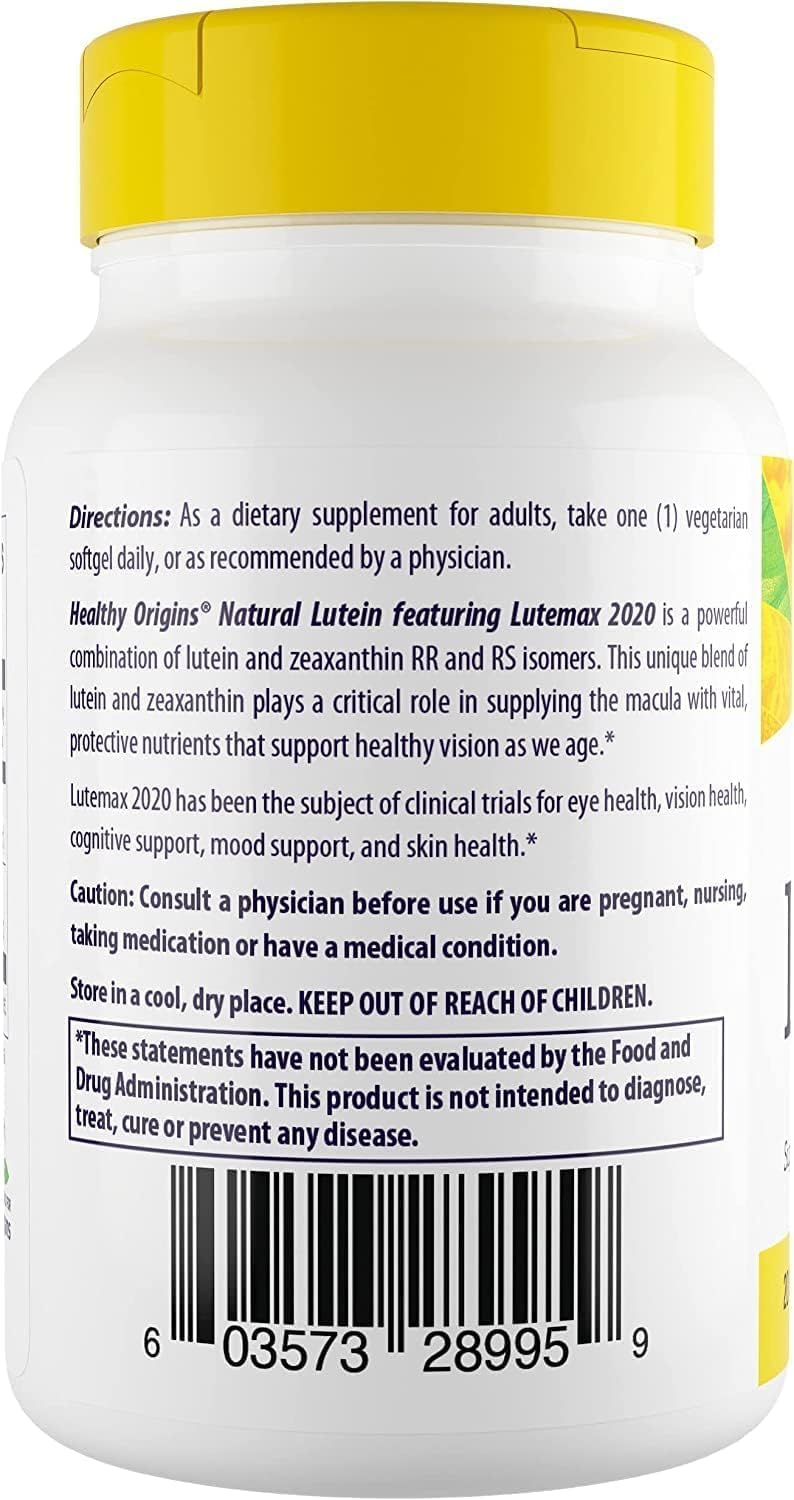 Healthy Origins Lutein 20 mg (Lutemax 2020 with Zeaxanthin, Non-GMO, Vegan, Eye Support), 60 Veggie Gels