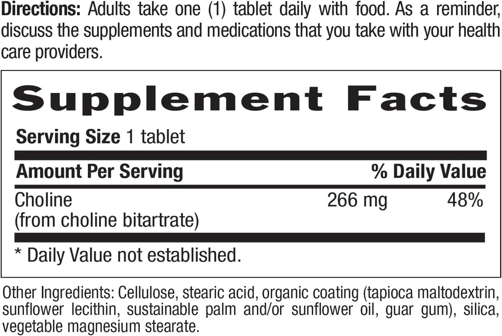 Country Life Choline 266mg, Certified Gluten Free, Certified Vegan, Certified Halal - 100 Tablets