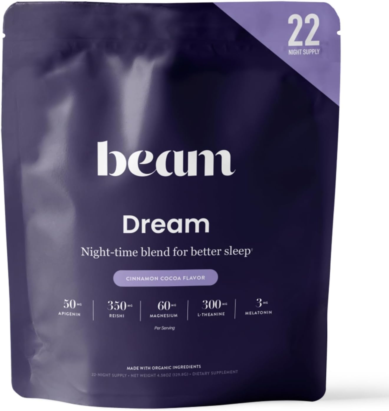 Beam Dream Sleep Powder, L-Theanine, Apigenin, Reishi and Magnesium, Third Party Tested Natural Sleep Aid & Sleep Supplement for Deep Sleep, Relaxation and Recovery, Natural Sleep Support, 22 Servings