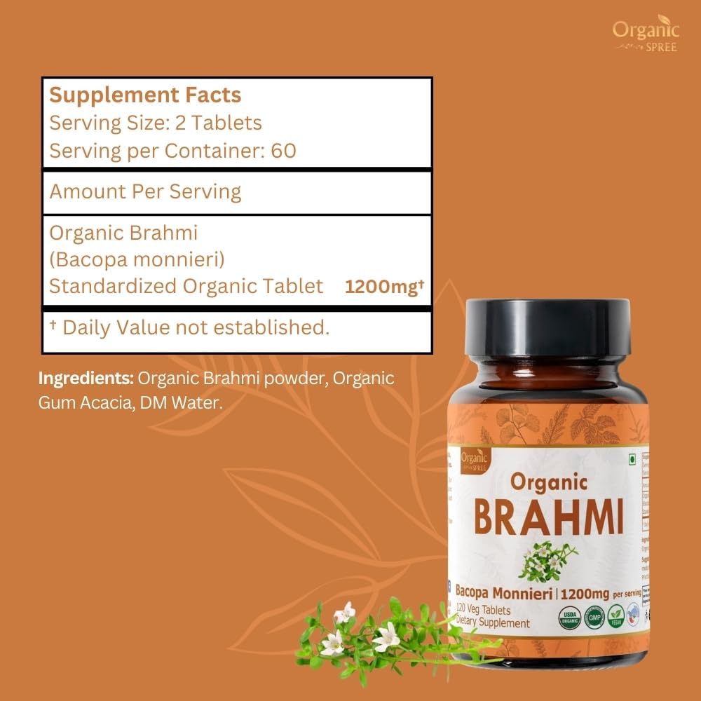 Brahmi 120 Tablets – USDA Organic Bacopa Monnieri Supplement – Supports Focus, Calm & Memory – Herbal Nootropic*