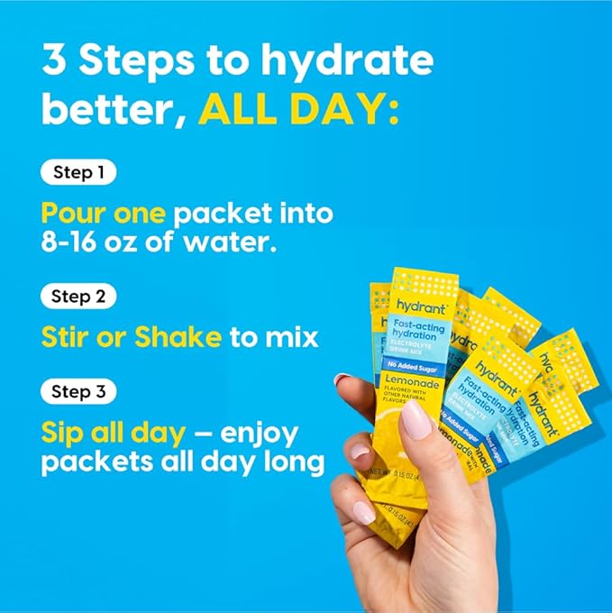 Hydrant Hydrate No Added Sugar, Individual Hydration Electrolyte Powder Stick Packets with Zero Sugar and Electrolytes for Rapid Hydration (Lemonade, 30 Count)