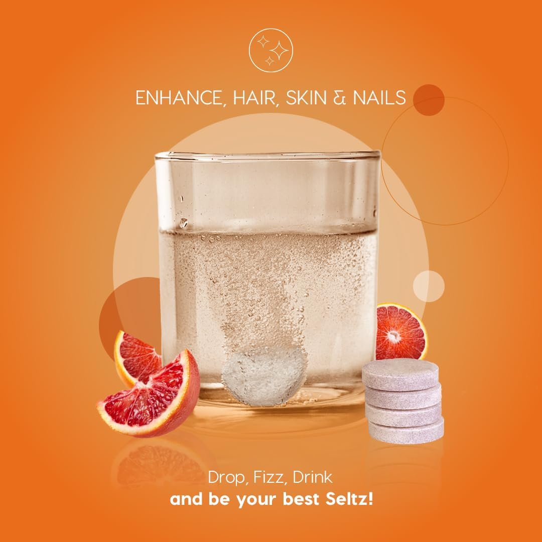 Seltz® Water-Activated Vitamins - Enhance Hair, Skin & Nails with Vitamin C, Silica, and Biotin – Natural Blood Orange Flavor Dietary Supplement - 1 Pack x 20 Effervescent Tablets