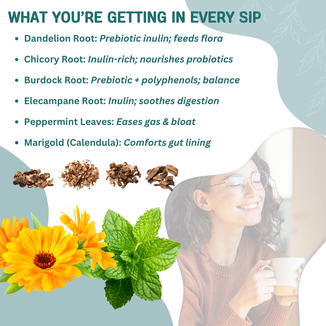 Probiotic Support Herbal Tea – Gut Balance & Digestive Comfort Blend | Dandelion, Chicory, Burdock, Elecampane & Peppermint | Caffeine-Free | + 35 Empty Tea Bags