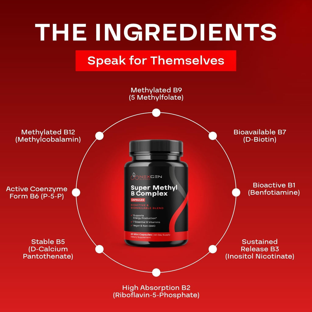 Methylated B Complex Vitamin Supplement - Bioactive Methyl B Complex with 5-MTHF Methyl Folate & B12 Methylcobalamin for Brain Heart Energy & Homocysteine Support - Super Vitamin B Complex - 60 Caps